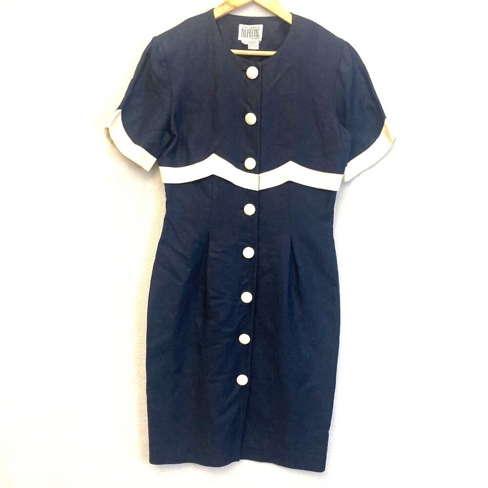 Vintage 80s Yves‎ Cossette Depeche Mode Linen Dress 8 Blue Knee Secretary Sailor